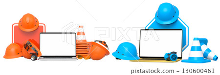 Laptops with blank screens surrounded by construction helmets, cones and warning signs on white background with clipping path Laptops with blank screens surrounded by construction helmets, cones and warning signs on white background with clipping path 130600461
