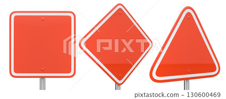 Blank traffic signs with different shapes and colors on metal poles on white background with clipping path, concept of road safety 130600469