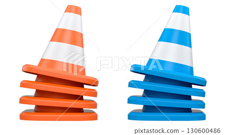 Traffic safety cones with white stripes, isolated on white background with clipping path. Concept of road safety equipment 130600486