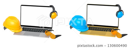 Laptops with blank screens surrounded by construction helmets, respirators and earmuffs on white background with clipping path Laptops with blank screens surrounded by construction helmets, respirators and earmuffs on white background with clipping path 130600490