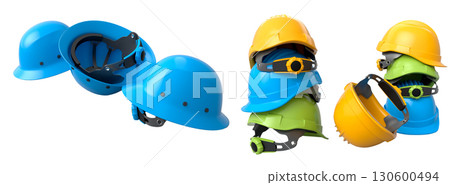Set of construction safety helmets isolated on white transparent background, symbolizing safety and industry standards 130600494