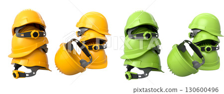 Set of construction safety helmets isolated on white transparent background, symbolizing safety and industry standards Set of construction safety helmets isolated on white transparent background, symbolizing safety and industry standards 130600496