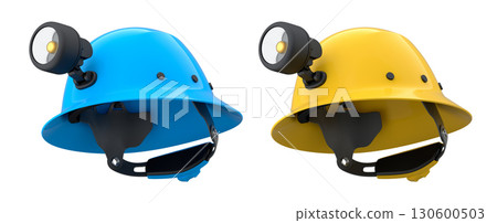 Protective helmets with mounted LED headlamps isolated on white background with clipping path, safety construction equipment 130600503