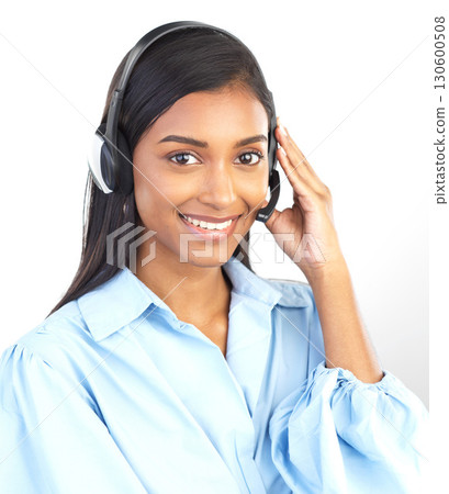 Crm, customer service and portrait of Indian woman worker on a business call in a studio. Marketing, networking and web support consulting of a employee with a smile from call center sales work 130600508
