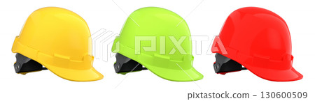 Set of construction safety helmets isolated on white transparent background, symbolizing safety and industry standards 130600509