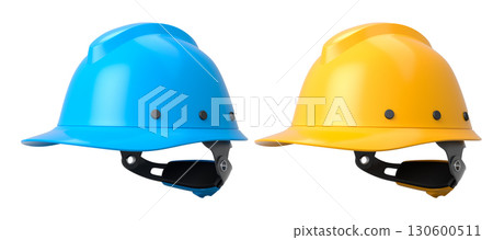 Set of construction safety helmets isolated on white transparent background, symbolizing safety and industry standards 130600511