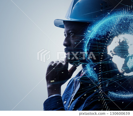 思考的黑人男性工程師與全球網路橫幅/廣告視覺 130600639