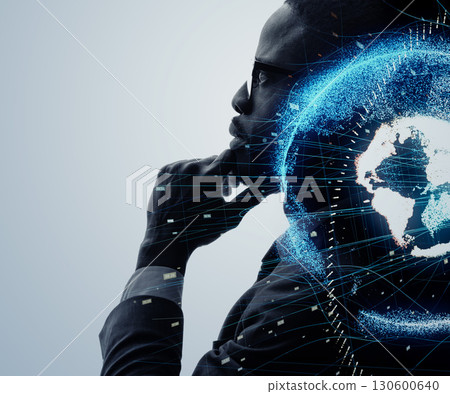 Thinking Black Man and Global Network Banner/Advertisement Visual Thinking Black Man and Global Network Banner/Advertisement Visual 130600640