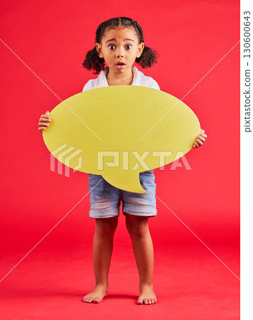 Shocked, child or portrait of speech bubble ideas, opinion or vote on isolated red background in social media news or wow face. Surprised, girl or kid on banner paper, mockup poster or omg review 130600643