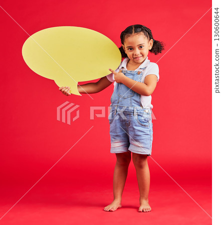 Child portrait, pointing or speech bubble in ideas, opinion or vote on isolated red background in social media or news. Smile, happy or kid showing banner, paper or cardboard poster in speaker mockup 130600644