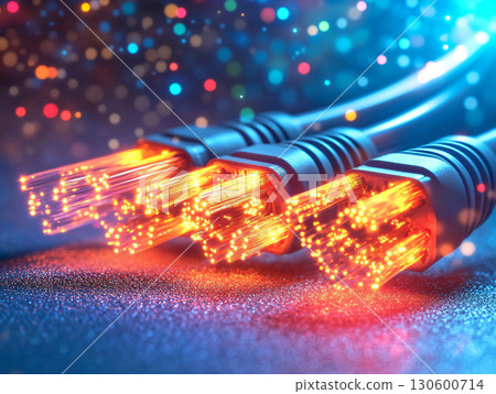 Fiber optic wires. vibrant light effects highlighting the futuristic technology on Blue background. AI Generated. 130600714