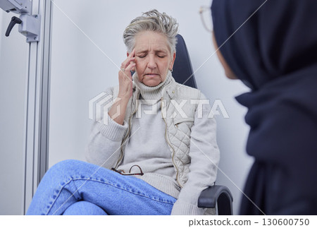 Blind, headache and optometry with a senior woman patient in an optician office for a test or eye exam. Doctor, pain and medical with a mature female sitting at the optometrist for visual impairment Blind, headache and optometry with a senior woman patient in an optician office for a test or eye exam. Doctor, pain and medical with a mature female sitting at the optometrist for visual impairment 130600750
