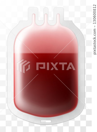 Medical dropper bag with blood, isolated on transparent background. Blood injection and transfusion bag, Medicine and donation concept. Bag with blood and plasma. Realistic 3d vector illustration 130600812