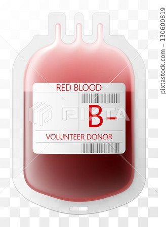 Medical dropper bag with blood B-. Blood injection and transfusion bag isolated on transparent background. Medicine and donation concept. Bag with blood and plasma. Realistic 3d vector illustration 130600819