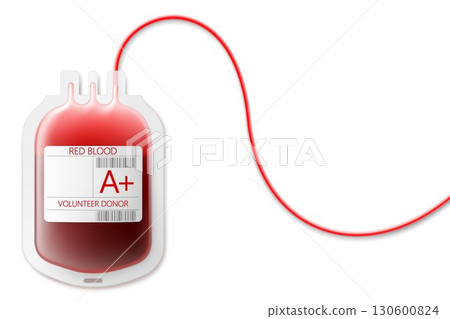 Medical dropper bag with blood A+. Blood injection and transfusion bag isolated on transparent background. Medicine and donation concept. Bag with blood and plasma. Realistic 3d vector illustration 130600824