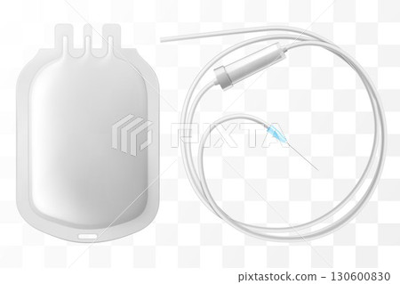 Saline solution bag. IV drip vitamin minerals for health. Intravenous therapy with dropper bag. Collagen skincare beauty. Medical concept. Isolated realistic on transparent background 3D vector. 130600830
