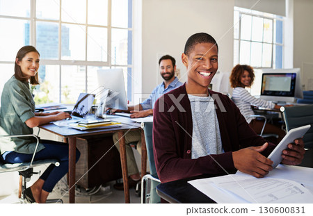 Portrait of black man in creative agency with smile, confidence and success at design startup. Happy business people in modern office, manager or team leader working at desk with digital technology. 130600831