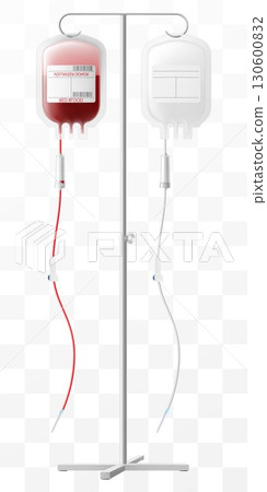 Medical drip system with bag on tube isolated on transparent background. IV Blood Bag Dropper Stand. Laboratory equipment for blood transfusion. Realistic 3D vector illustration. Medical drip system with bag on tube isolated on transparent background. IV Blood Bag Dropper Stand. Laboratory equipment for blood transfusion. Realistic 3D vector illustration. 130600832