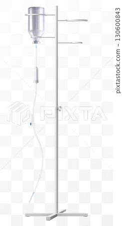 Hospital IV Stand with Drug Vial - Medical Infusion Pole with Hooks, isolated. Dropper Stand with Glass Medical Bottle. Laboratory equipment for blood transfusion. Realistic 3d Vector Illustration 130600843