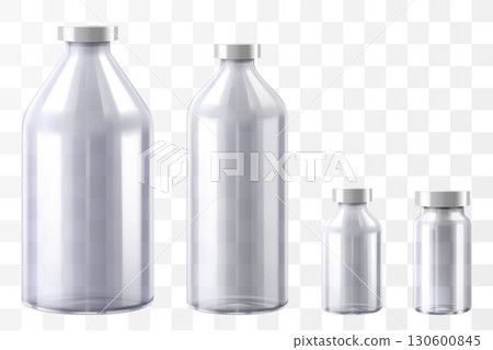Medical Bottles. Glass Pharmacy Bottle. Drug Vial Blank. Vitamin Jar Template with Screw Lid Design. Essential Aromatic Oil Container Mockup without Label. Round Medicine Storage. Realistic 3d vector 130600845