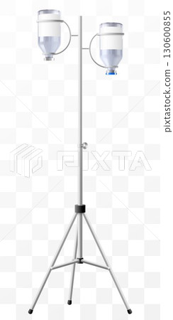 Hospital IV Stand with Drug Vial - Medical Infusion Pole with Hooks, isolated. Dropper Stand with Glass Medical Bottle. Laboratory equipment for blood transfusion. Realistic 3d Vector Illustration 130600855