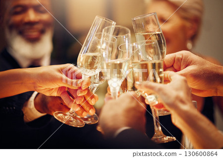 Success, people and dinner with toast, champagne and elegant team, party and celebration together. Friends, closeup and cheers for achievement, wine glasses and fine dining at gala event and luxury 130600864