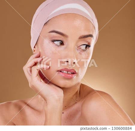 Woman, face and beauty with skincare and vitiligo, natural cosmetics with skin wellness isolated on studio background. Body positivity, cosmetic glow and self love, inclusivity and genetic disorder 130600884