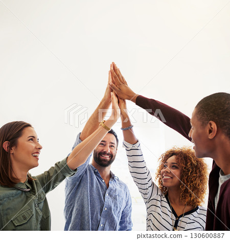 Creative business people, hands and high five in collaboration for teamwork, goal or diversity in unity. Happy group touching hand in team trust for community or startup agreement on mockup 130600887