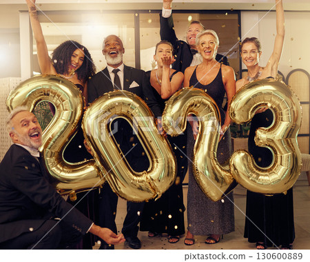 2023 balloon, party and people with confetti for celebration, new years eve and social event. Happy, smile and portrait of friends cheering, celebrate and excited at luxury, golden and holiday gala 2023 balloon, party and people with confetti for celebration, new years eve and social event. Happy, smile and portrait of friends cheering, celebrate and excited at luxury, golden and holiday gala 130600889