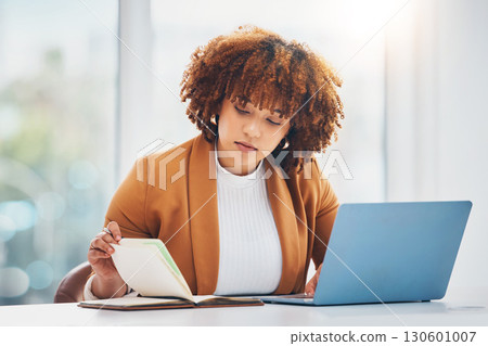 Burnout, laptop and black woman with notebook, stress and deadline for advertising campaign, overworked and depression. Jamaican, female employee or manager with device, planning or anxiety in office 130601007