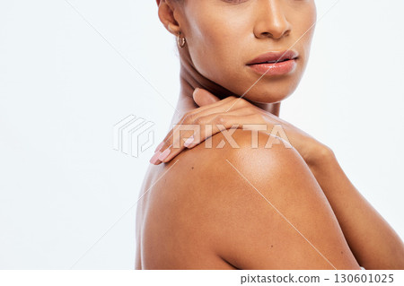 Woman, hands and shoulder in beauty skincare, cosmetics or moisturizer isolated on a white background. Hand of female touching skin in self love or self care for soft, smooth or healthy treatment 130601025