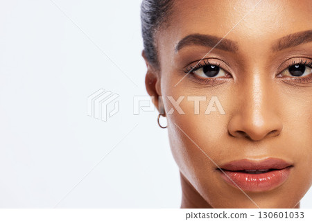 Portrait, black woman and skincare mockup in studio, white background and isolated space. Serious female model face, facial beauty and cosmetics for dermatology, aesthetic makeup and salon wellness Portrait, black woman and skincare mockup in studio, white background and isolated space. Serious female model face, facial beauty and cosmetics for dermatology, aesthetic makeup and salon wellness 130601033
