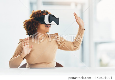 VR, happy and woman with glasses for a connection, digital project and system. Touching, ai and smiling business employee working with an interactive, futuristic and virtual reality program online 130601091