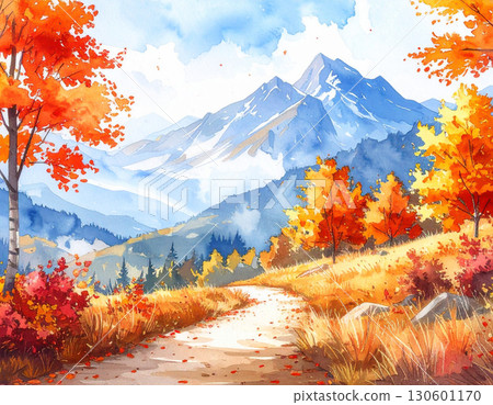 Beautiful autumn mountain scenery with autumn leaves, watercolor style 130601170