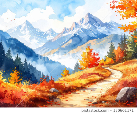 Beautiful autumn mountain scenery with autumn leaves, watercolor style Beautiful autumn mountain scenery with autumn leaves, watercolor style 130601171