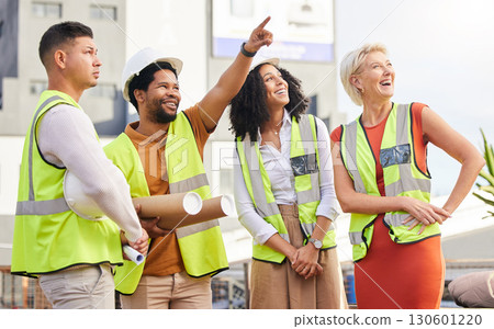 Engineering, construction or architecture team together for ideas, planning and strategy to build. Diversity men and women collaboration on a building project point hand for industrial development 130601220