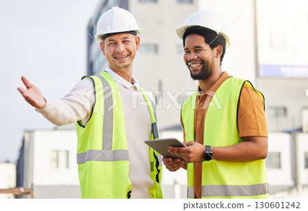 Tablet, collaboration or architecture with an engineer man and designer planning on a construction site. Architect, building and teamwork with men working together to design a development project Tablet, collaboration or architecture with an engineer man and designer planning on a construction site. Architect, building and teamwork with men working together to design a development project 130601242