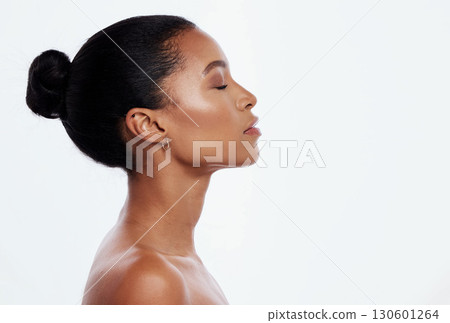 Black woman, facial profile and beauty in studio, isolated white background and mockup. Female model, face side and dermatology for skincare, aesthetic makeup and natural cosmetics for salon wellness 130601264