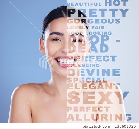 Woman, words and portrait smile for skincare beauty, collage or text overlay against a blue studio background. Happy female face with letters for empowerment, message or beautiful skin and self worth 130601329