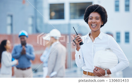 Engineer, walkie talkie and black woman with hard hat, portrait and happiness for new project, real estate or success. Face, African American female manager or employee with communication and outdoor 130601433
