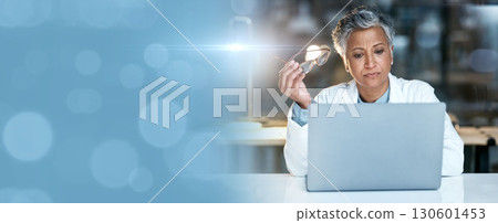 Thinking, doctor or technology by bokeh abstract, copy space or mockup for night medical research or surgery planning. Woman, healthcare or worker on hospital technology with question face on mock up Thinking, doctor or technology by bokeh abstract, copy space or mockup for night medical research or surgery planning. Woman, healthcare or worker on hospital technology with question face on mock up 130601453