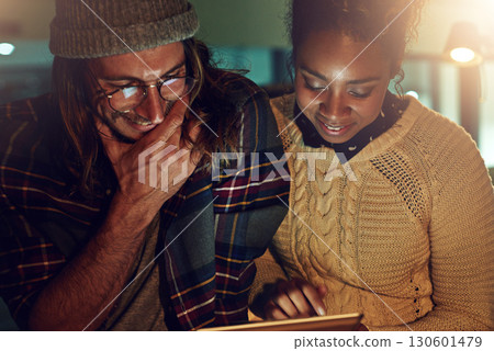 Teamwork, tablet and research with people in office at night for planning, web design and strategy. Creative, collaboration and technology with man and woman in startup for data, proposal and idea 130601479