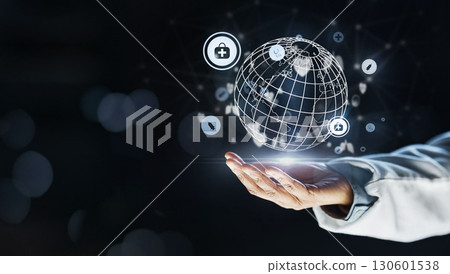 Doctor, hand or 3d globe in healthcare networking, digital help or life insurance cybersecurity on isolated black background. Zoom, medical or futuristic world for global hospital, woman or ai mockup 130601538
