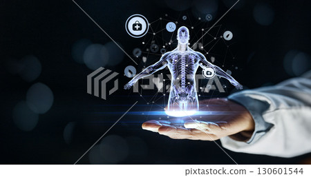 Doctor, hand or 3d skeleton in healthcare, analytics or life insurance wellness on isolated black background. Zoom, medical or futuristic body hologram for abstract wellness, hospital woman or mockup 130601544
