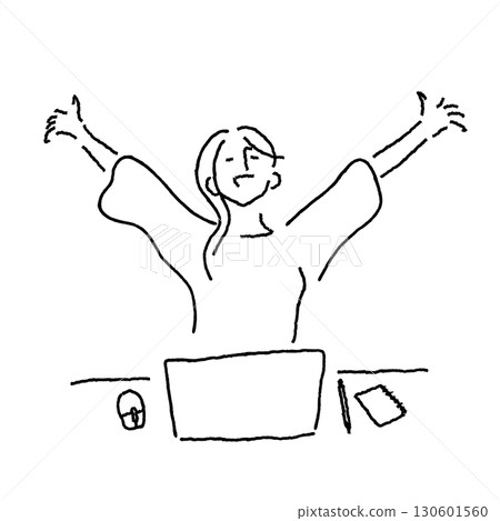 A woman raising both hands in front of a computer, feeling of liberation after work is over, business illustration A woman raising both hands in front of a computer, feeling of liberation after work is over, business illustration 130601560