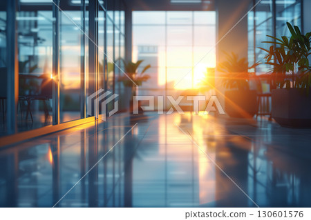 blurred background of a light modern office interior. Abstract light bokeh at office interior background for design. 130601576