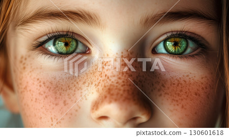 Close-up photo of a girl with green eyes and freckles on her face. 130601618