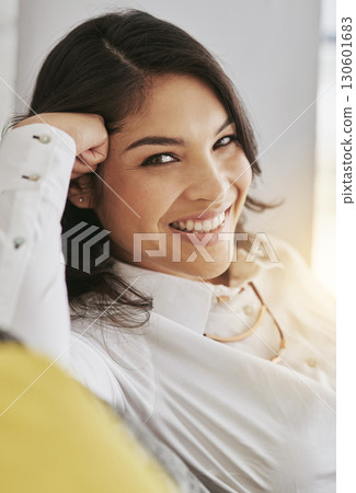 Business woman, face and happiness in portrait with success, professional mindset and corporate lawyer at office. Smile, mission and career, female relax on break at law firm in Mexico and confident 130601683