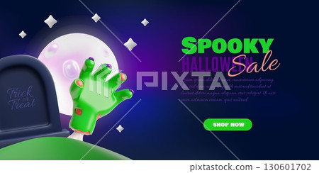 Halloween spooky sale 3D vector banner design, special offer promotion, creepy zombie green hand, gravestone, full moon Halloween spooky sale 3D vector banner design, special offer promotion, creepy zombie green hand, gravestone, full moon 130601702