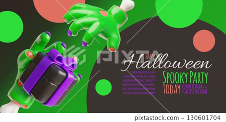 Happy Halloween spooky party 3D banner vector design, creepy zombie green hand holds gift box, monsters walking dead Happy Halloween spooky party 3D banner vector design, creepy zombie green hand holds gift box, monsters walking dead 130601704